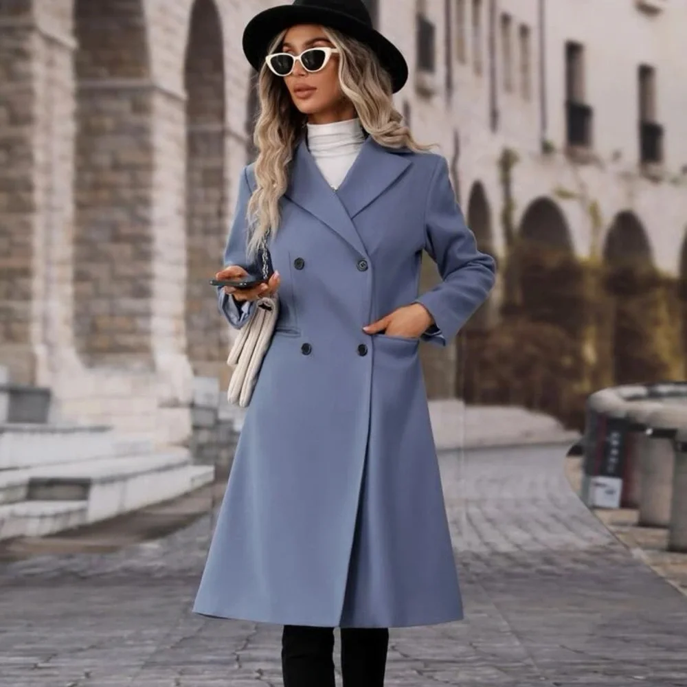 Lapel collar Double Breasted Overcoat long pea coat peacoat black long line - Picture 6 of 10